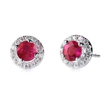 Red ruby halo setting diamond stud earrings set isolated on white